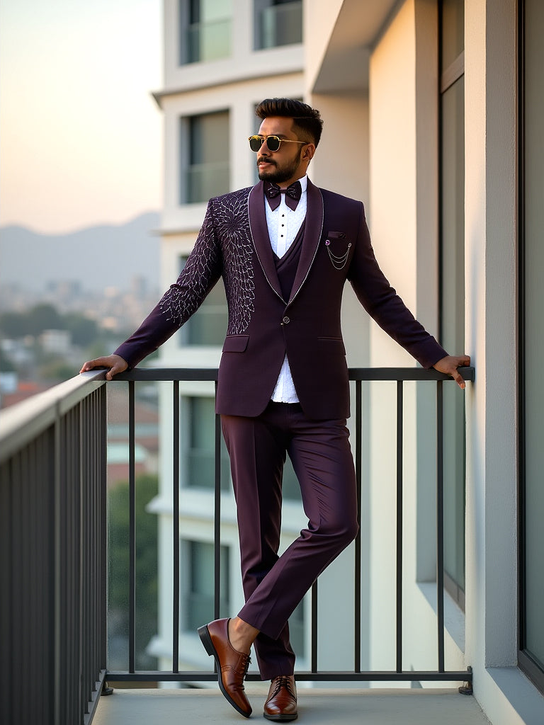 Wine Stunning Polynosic Cutdana Party Wear Tuxido Designer Suit
