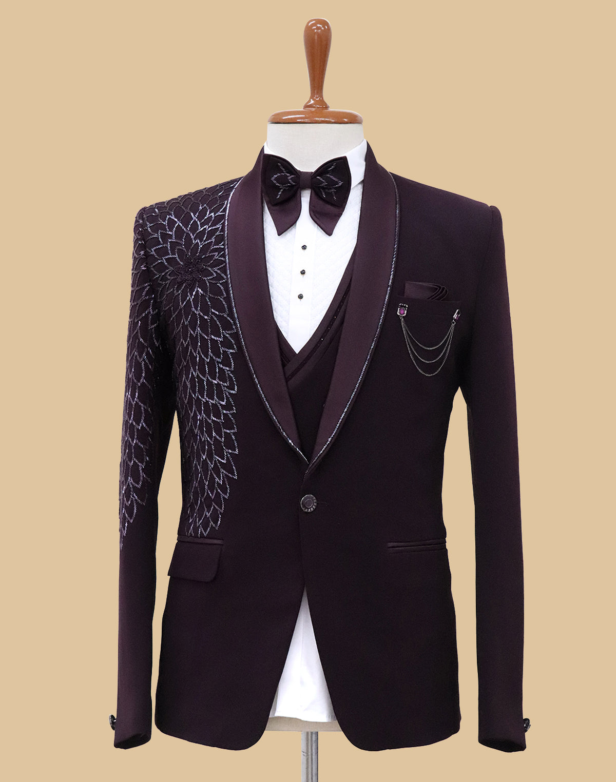 Wine Stunning Polynosic Cutdana Party Wear Tuxido Designer Suit