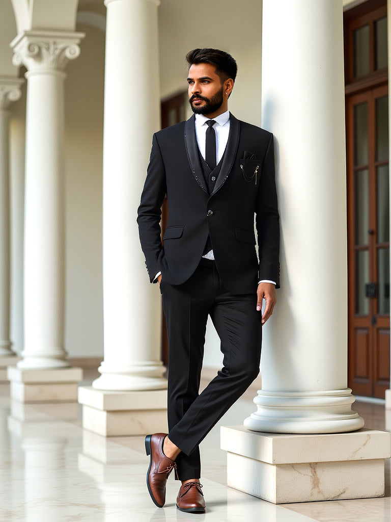 Solid Polynosic Stylish Black 5 Pc Designer Suit