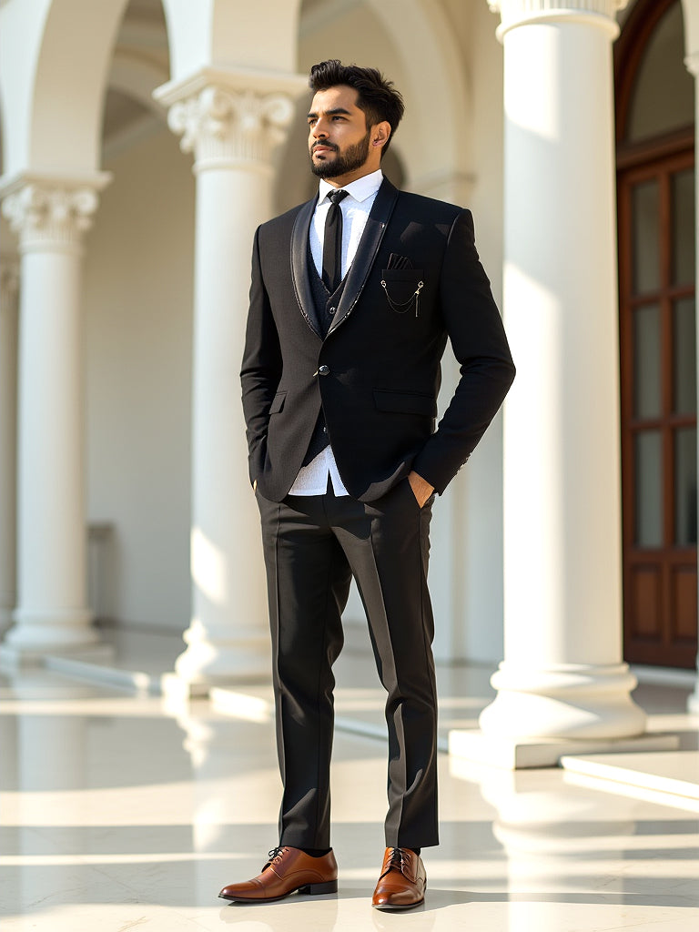 Solid Polynosic Stylish Black 5 Pc Designer Suit