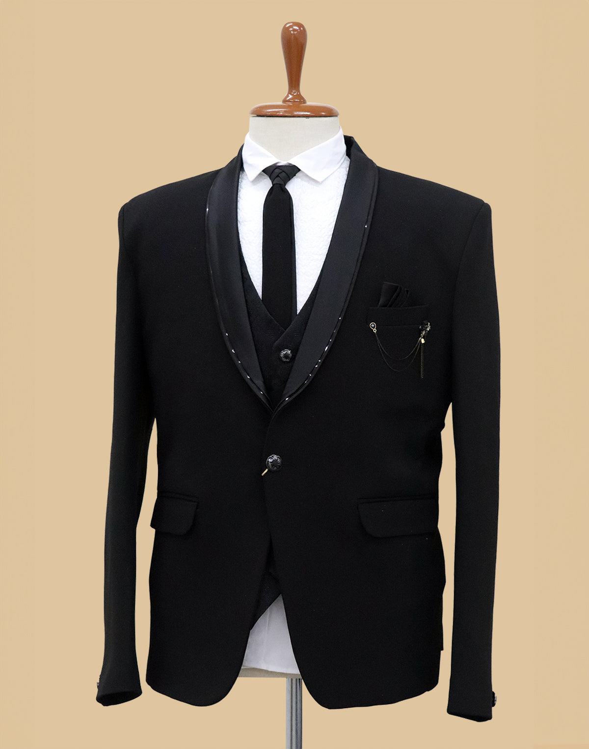 Solid Polynosic Stylish Black 5 Pc Designer Suit