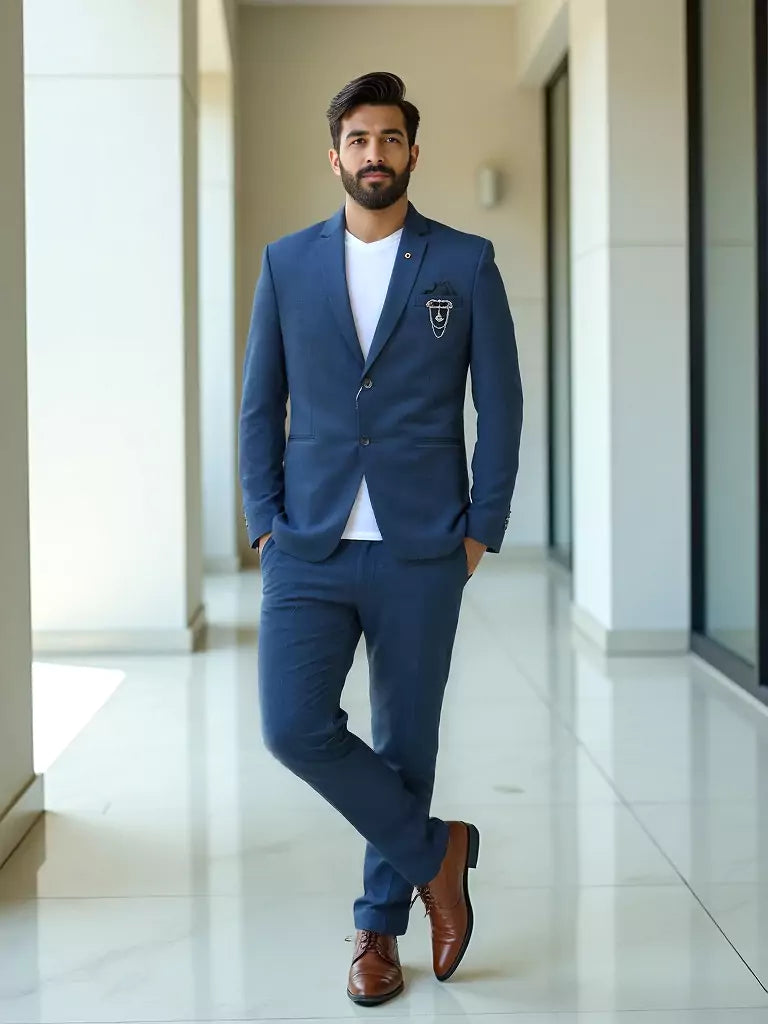 Royal Blue Self Checks Suede and Giza Cotton Blazer
