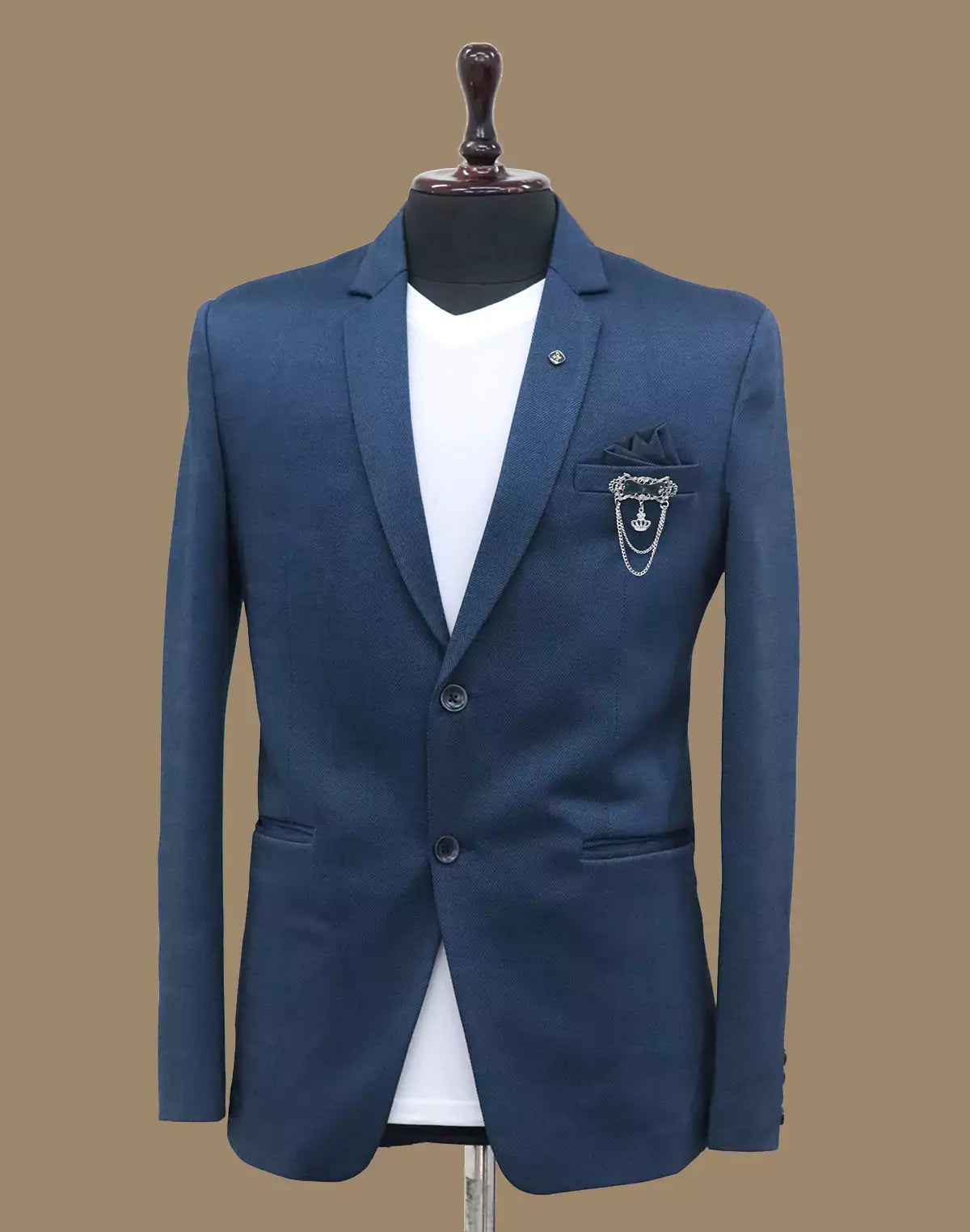 Royal Blue Self Checks Suede and Giza Cotton Blazer