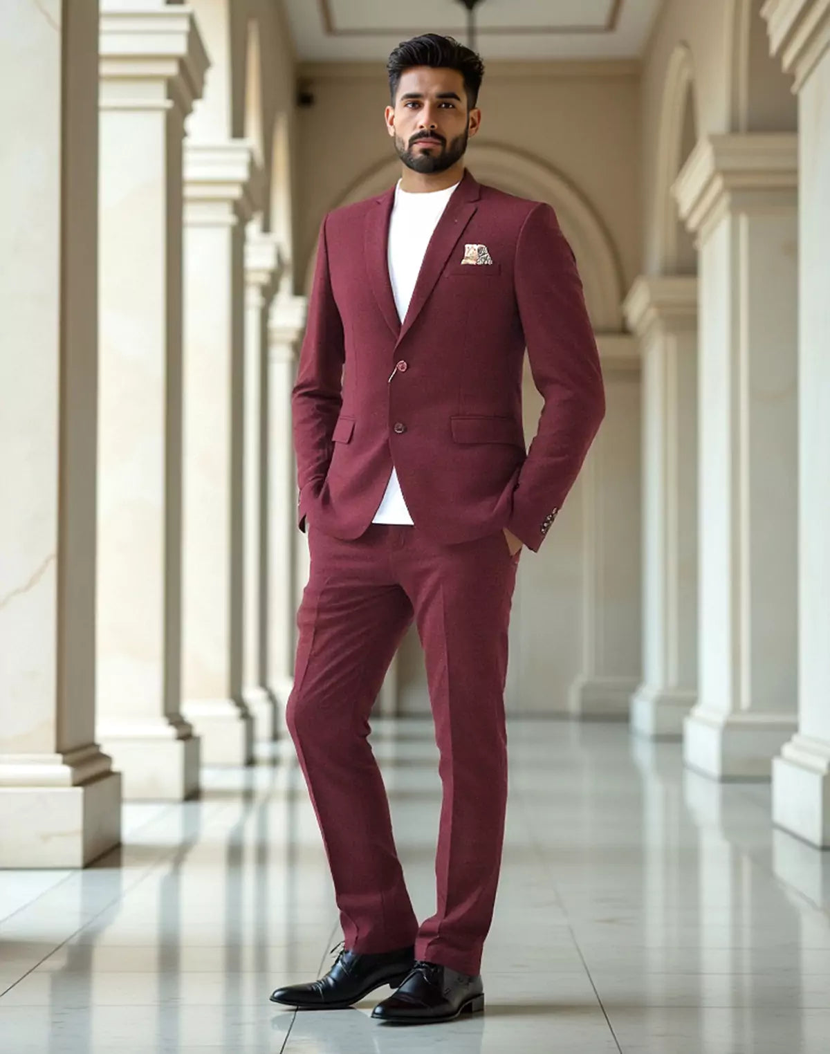Maroon Textured Polyester Viscose Blazer