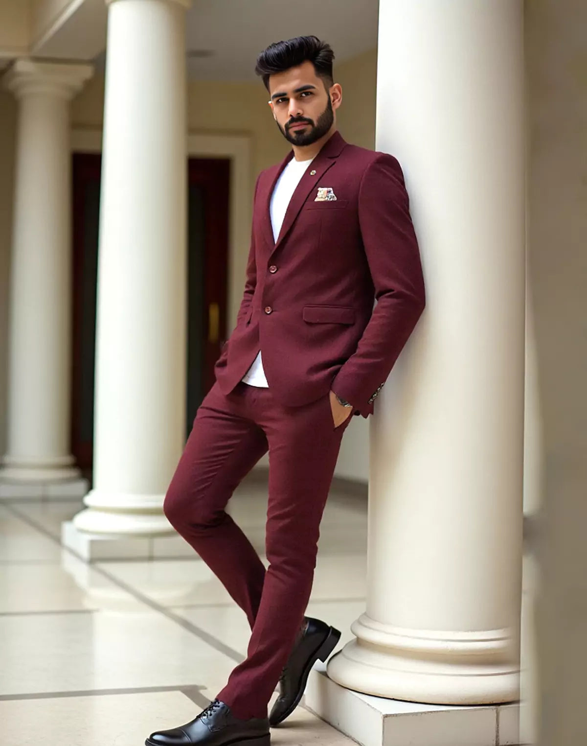 Maroon Textured Polyester Viscose Blazer