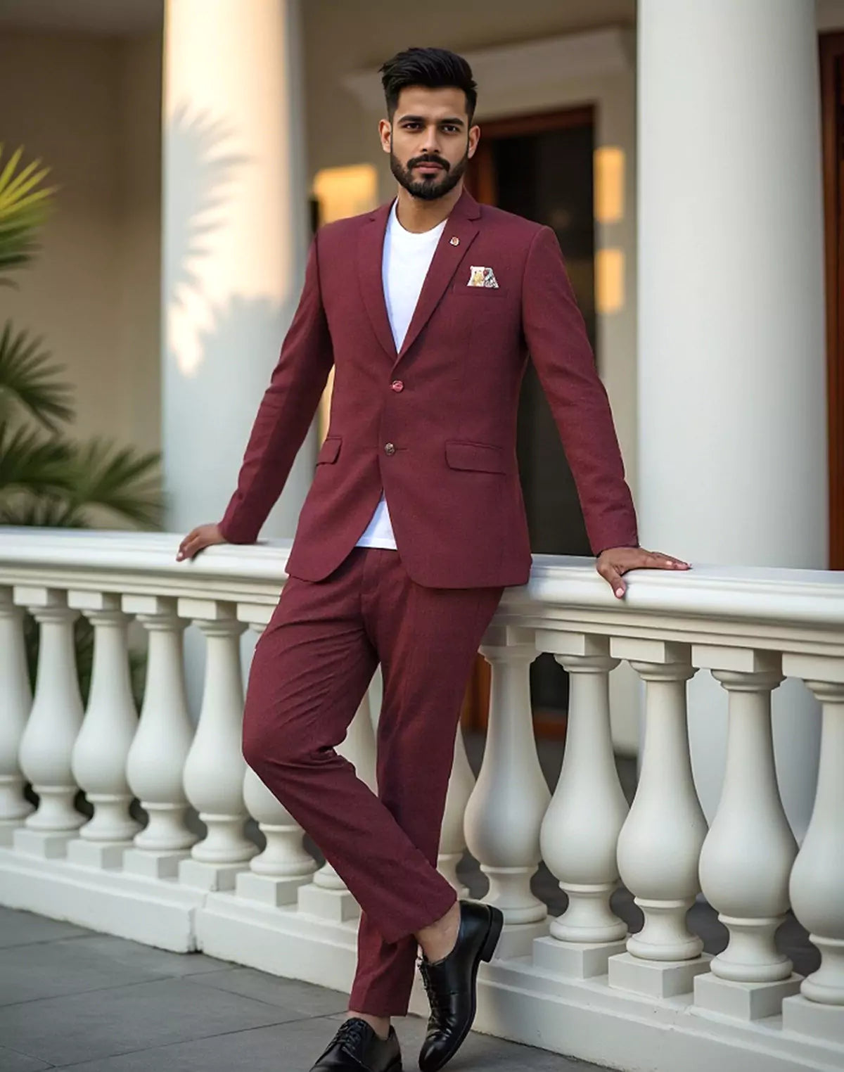 Maroon Textured Polyester Viscose Blazer