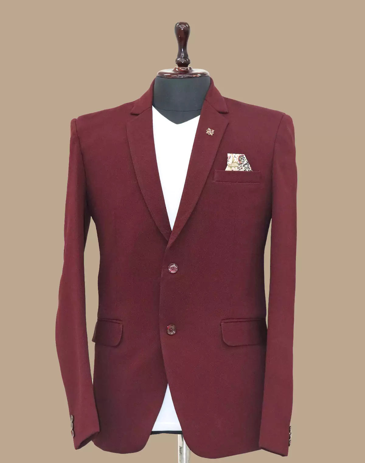 Maroon Textured Polyester Viscose Blazer