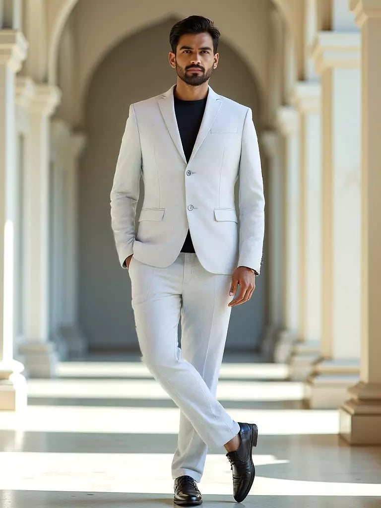 Grey Self Textured Polyester Viscose Blend Blazer
