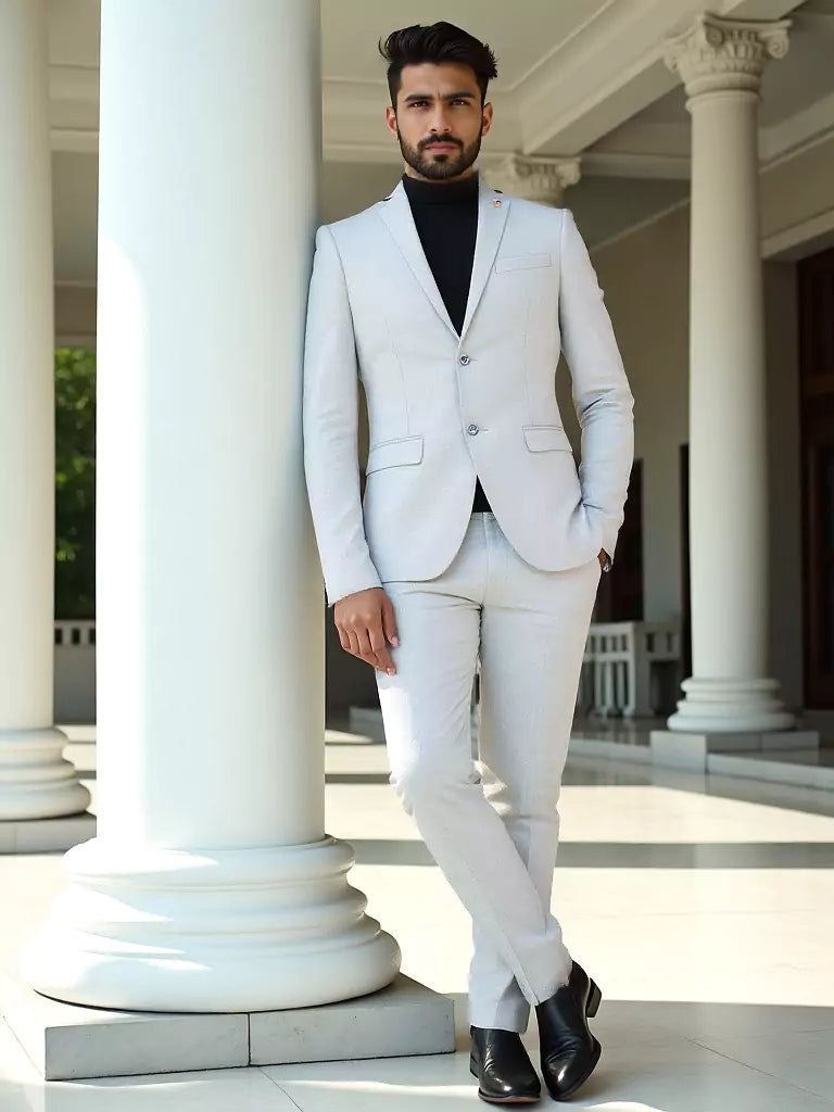 Grey Self Textured Polyester Viscose Blend Blazer