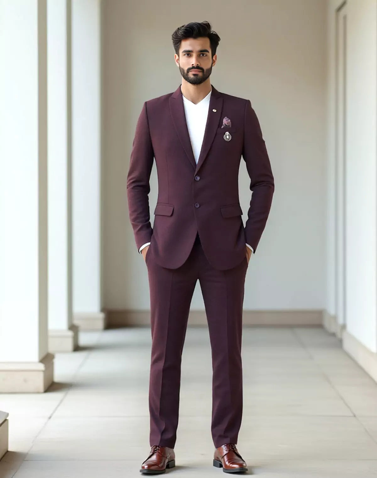 Wine Colour Solid Georgette Polyester Lycra Blazer