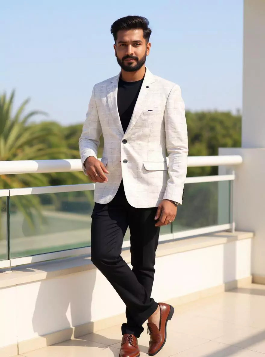 Light Grey Checks Imported Lycra Stretchable Giza Cotton Blazer