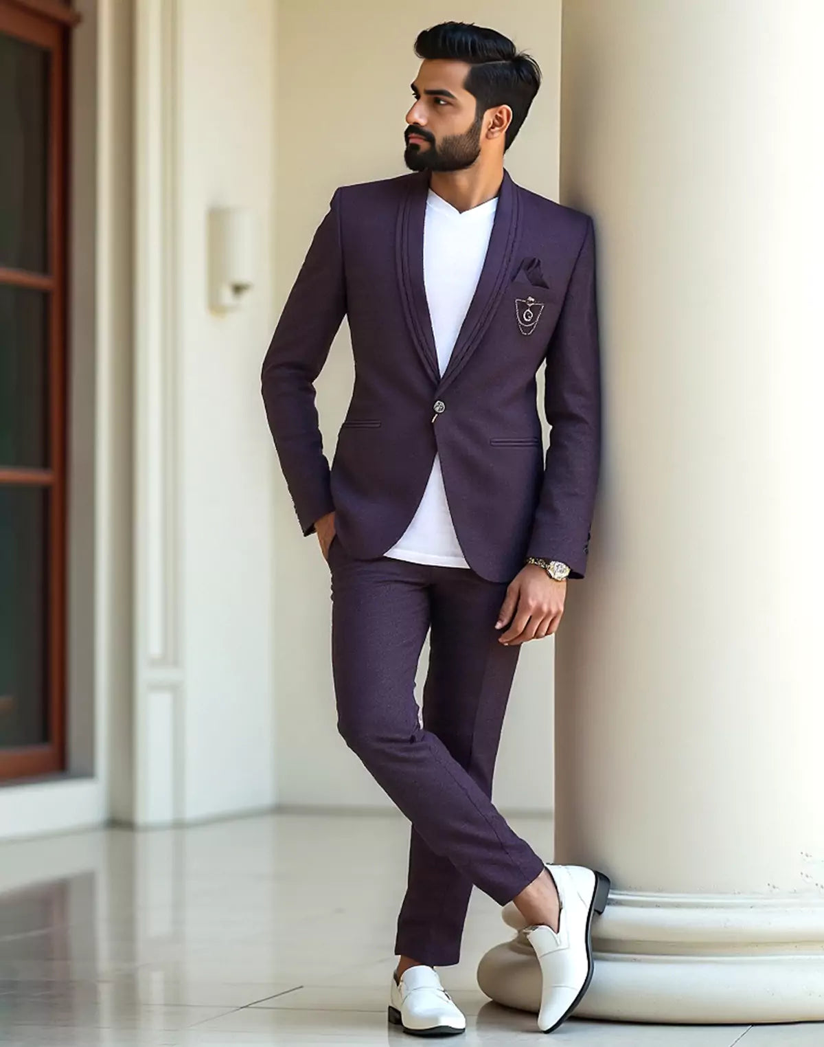 Wine Polyester Terry Cotton Blazer
