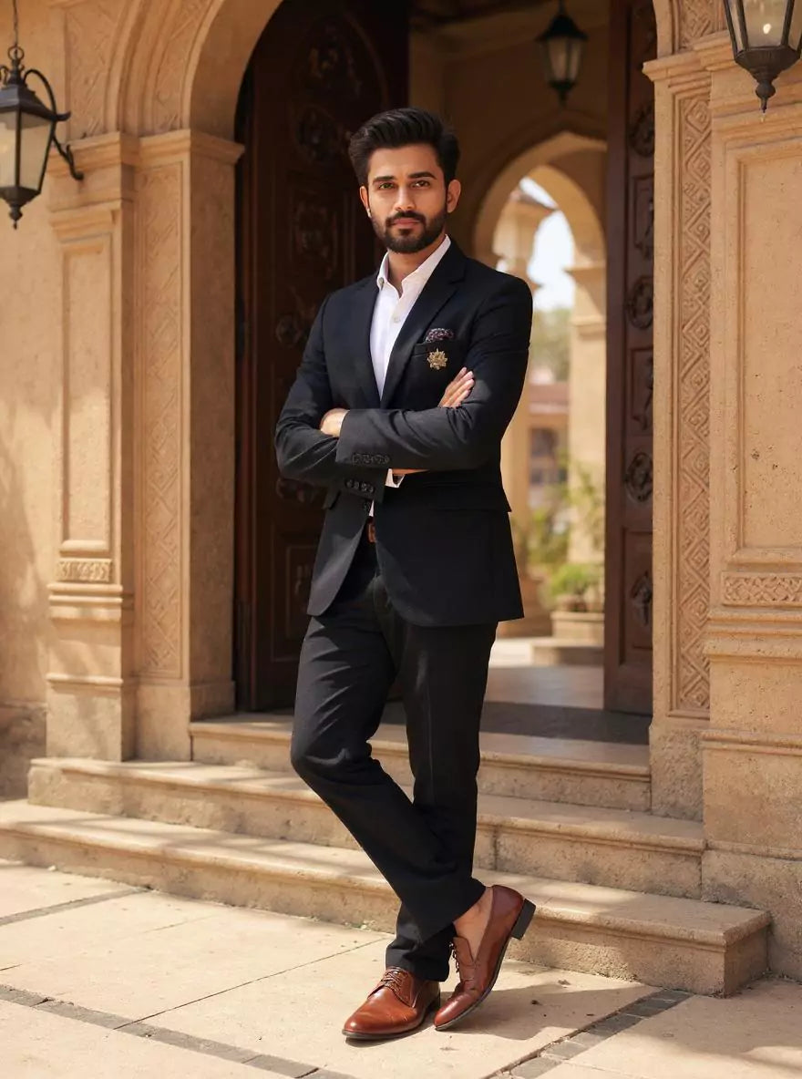Black Chevron Patterned Lycra Stretchable Giza Cotton Blazer