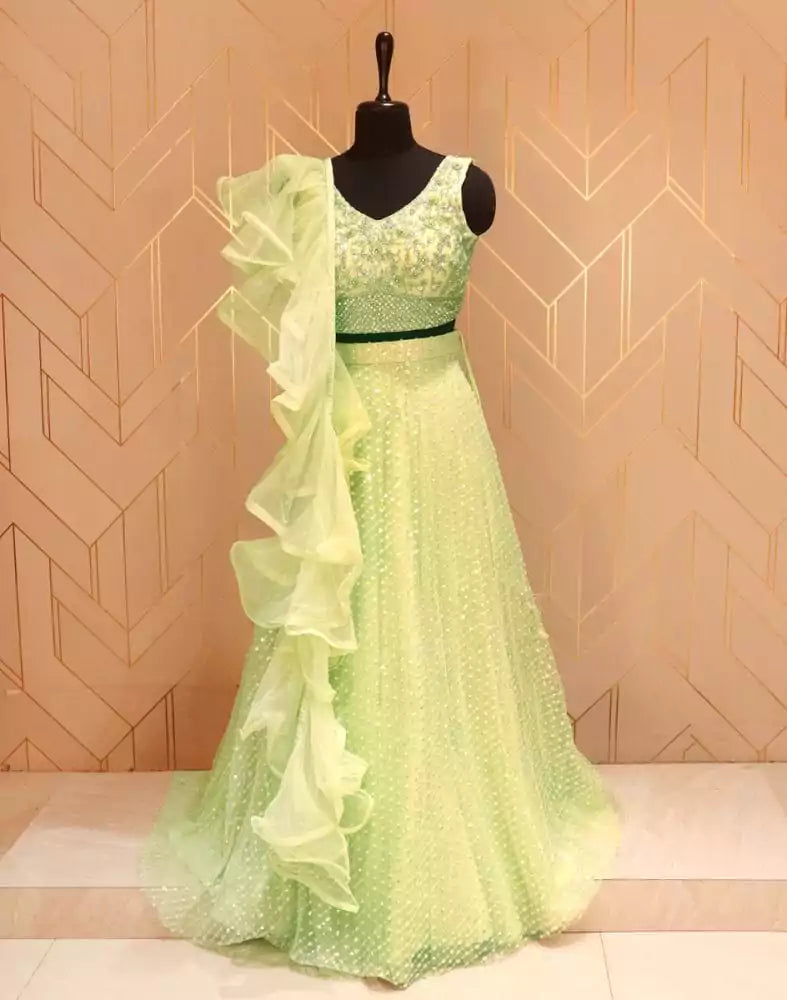Pista Green Floral Embellished work Netted Crop Top and Lehenga Set