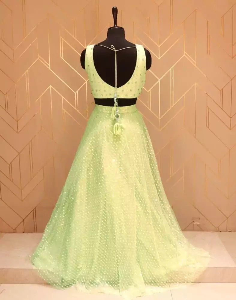 Pista Green Floral Embellished work Netted Crop Top and Lehenga Set