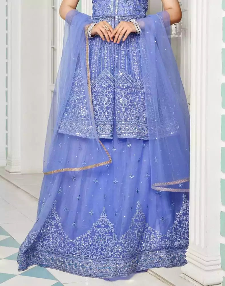 Beautiful Purple Coloured Floral Netted Embellished work Crop Top and Lehenga Set