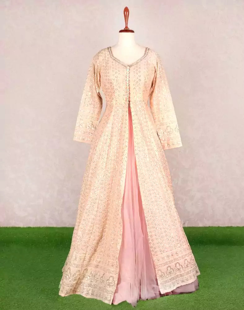 Designer Peach colour Geometric Chikankari Georgette Crop Top and lehenga set