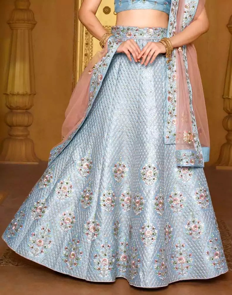 Designer Sky Blue Botanical Raw Silk Beads work Crop Top and Lehenga Set