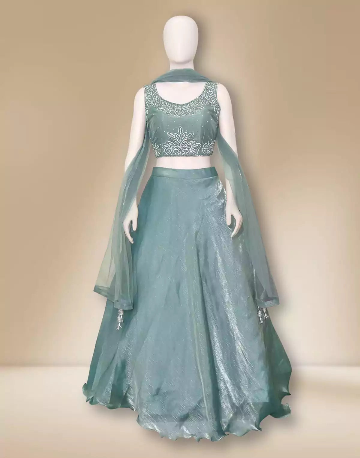 Elegant Sea Green Netted Stones work Crop Top and Lehenga Set