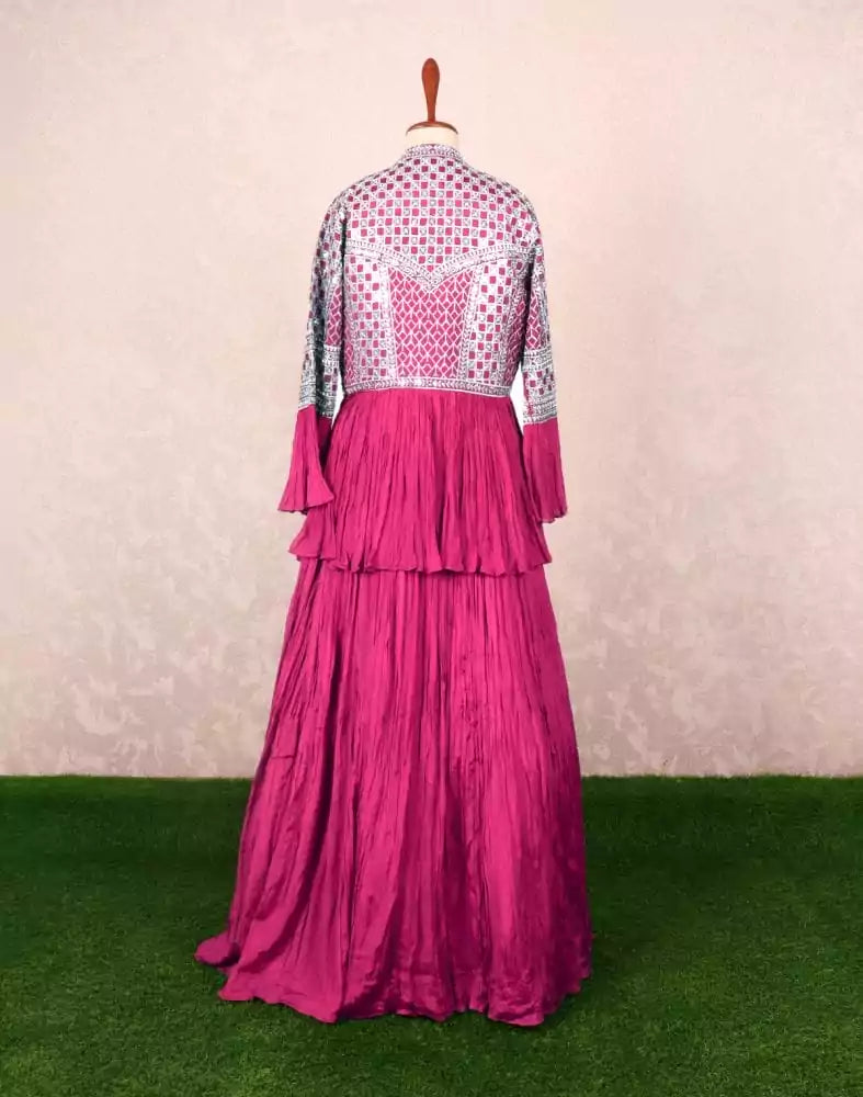 Designer Wine Floral Mirror work Chiffon Crop Top with Jacket