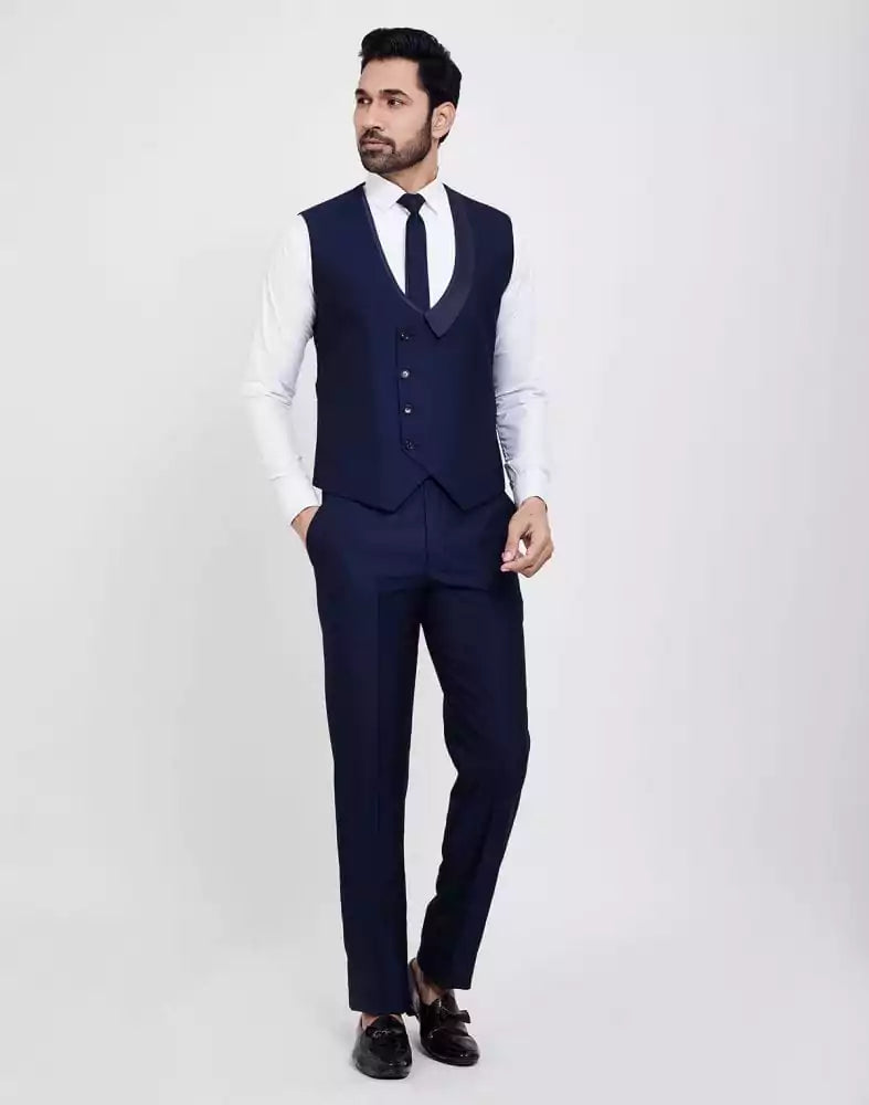 Navy Blue Self Design 5 Pc Tuxido Suit