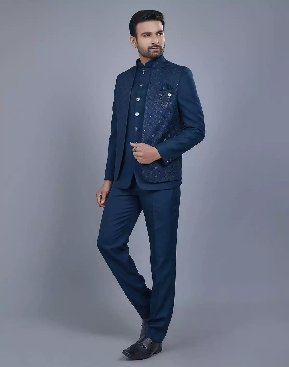 Rama Green Polyster Self Design With Jacket Style Bandhagala Set