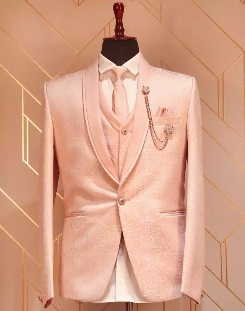 Graceful Peach Self Design Weave Suit Set