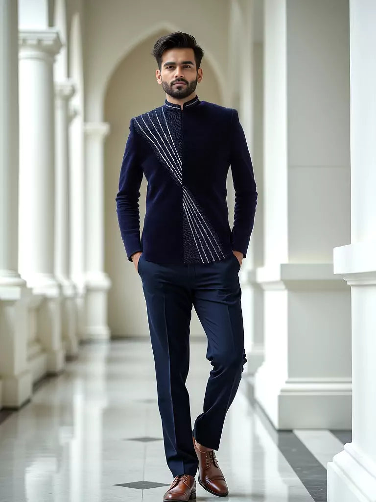Navy Blue Elegant Cutdana Velvet Bandhgala Set