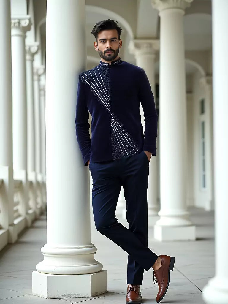 Navy Blue Elegant Cutdana Velvet Bandhgala Set