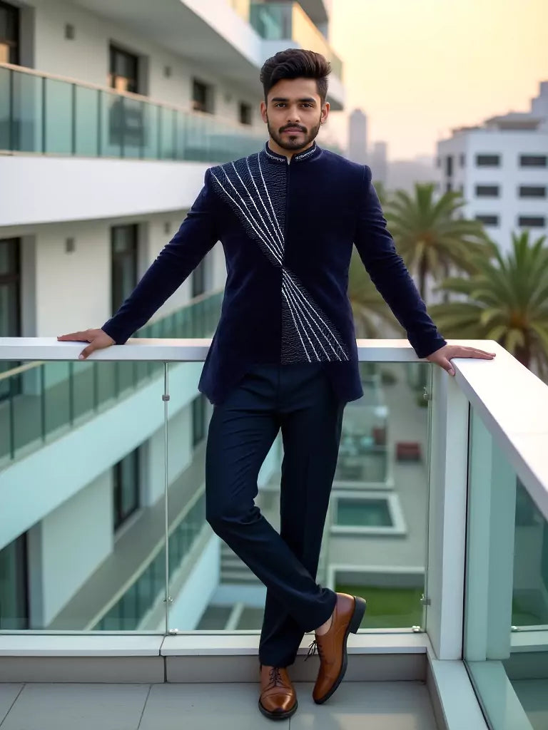 Navy Blue Elegant Cutdana Velvet Bandhgala Set