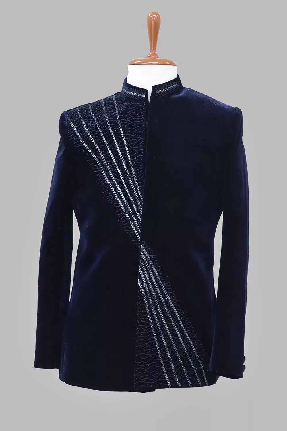 Navy Blue Elegant Cutdana Velvet Bandhgala Set