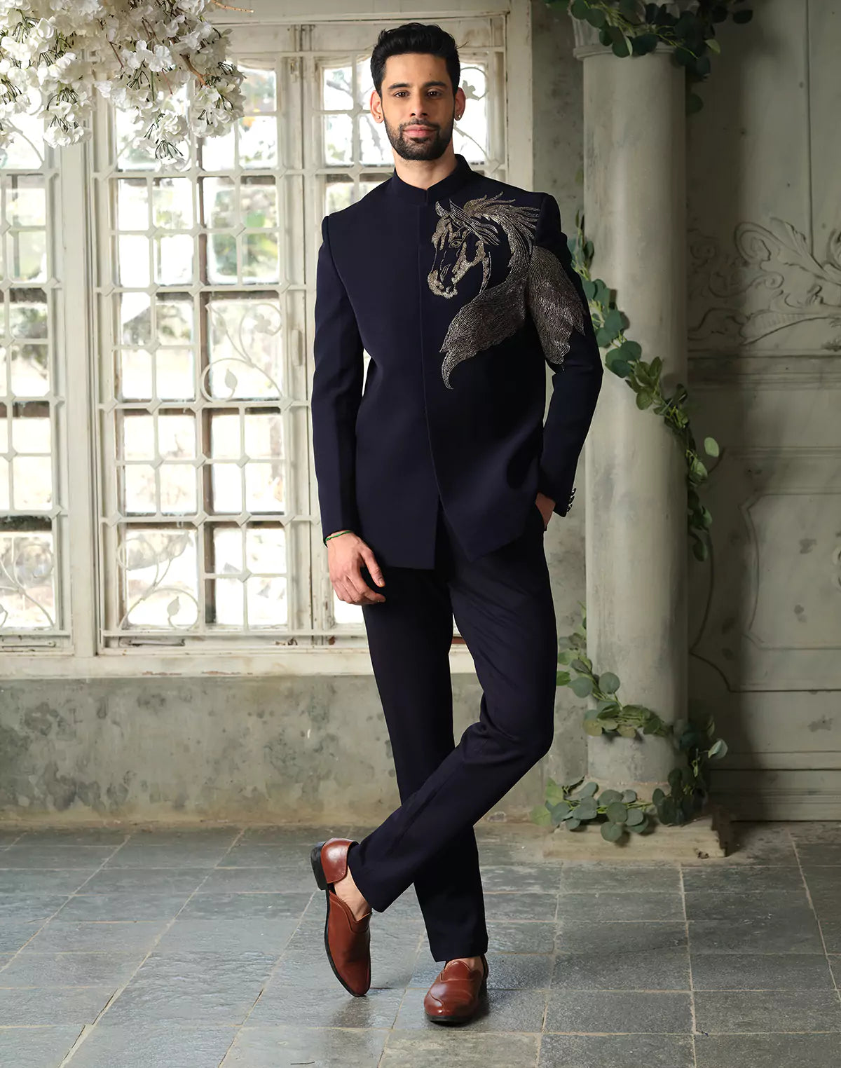 Polynosic Solid Navy Blue Horse Style Cutdana work Bandhgala Suit