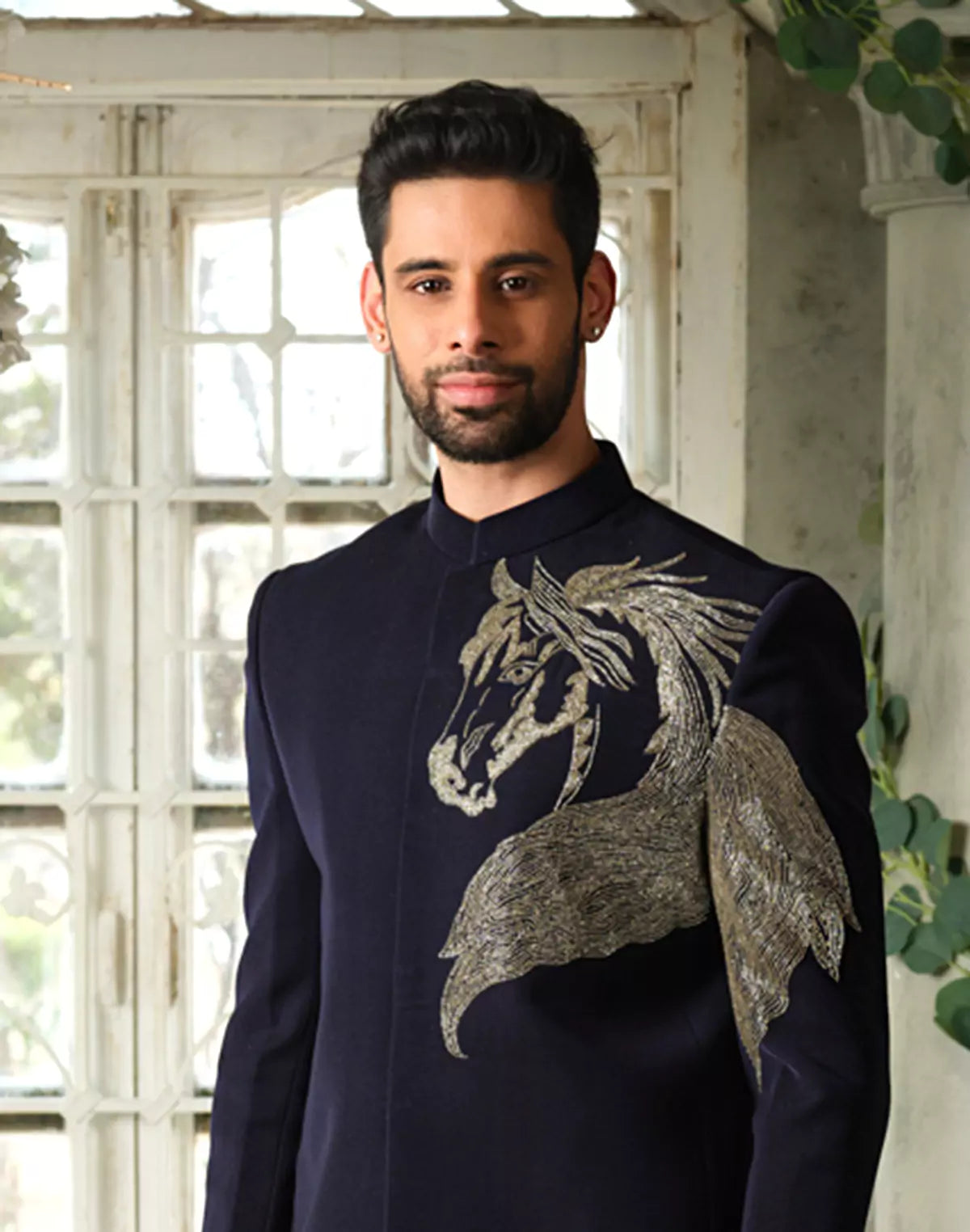 Polynosic Solid Navy Blue Horse Style Cutdana work Bandhgala Suit