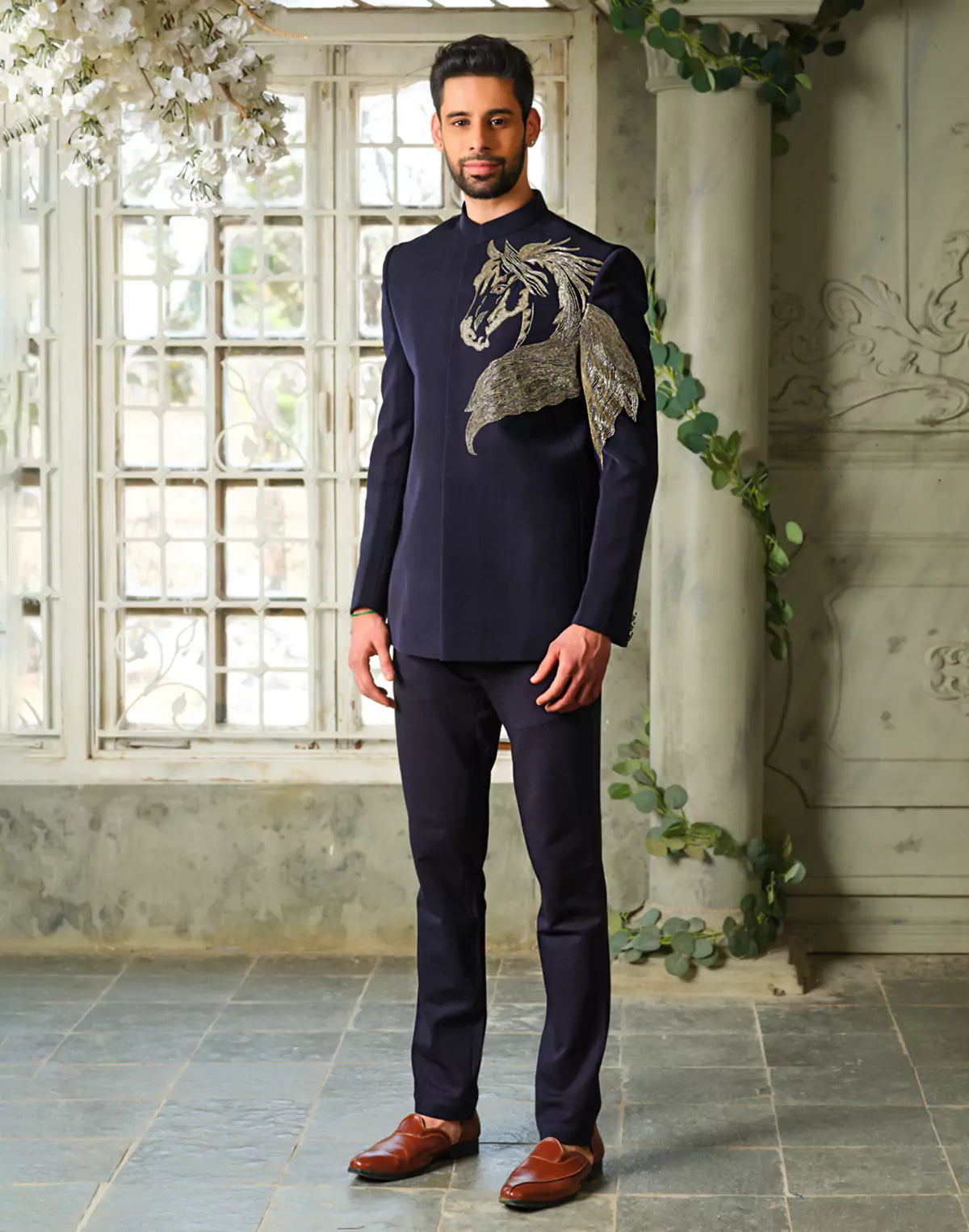 Polynosic Solid Navy Blue Horse Style Cutdana work Bandhgala Suit