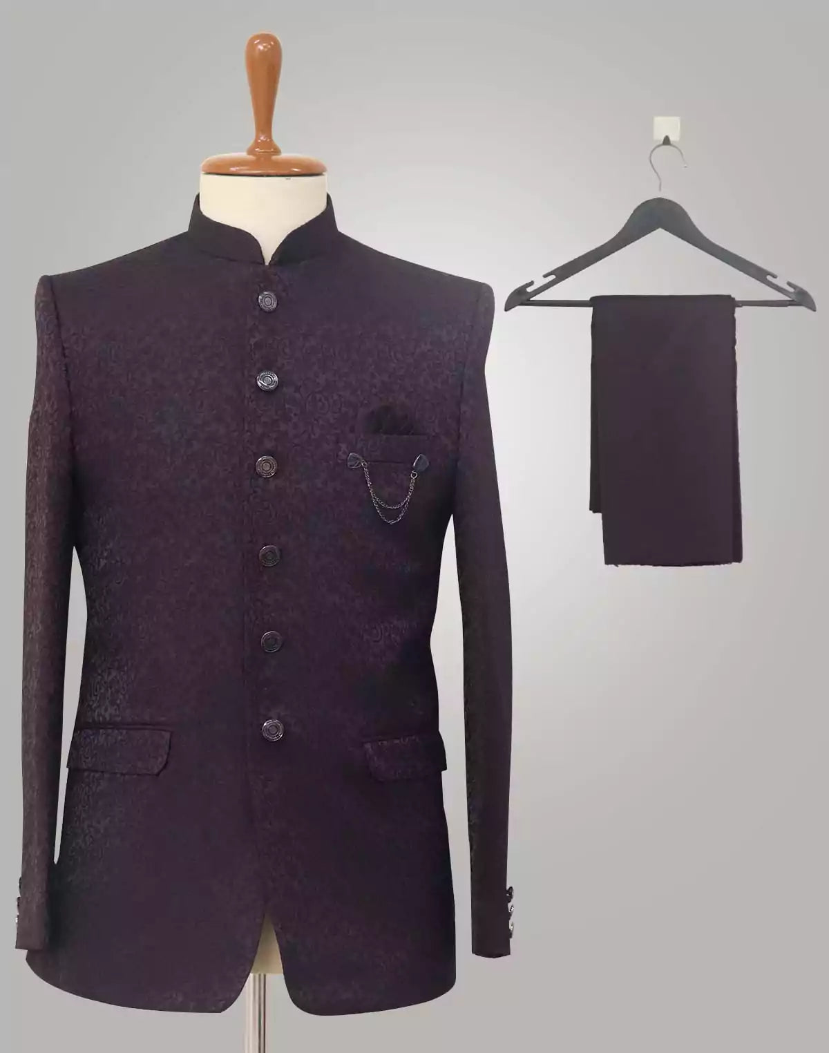 Purple Self Design Brocade Bandhgala Set