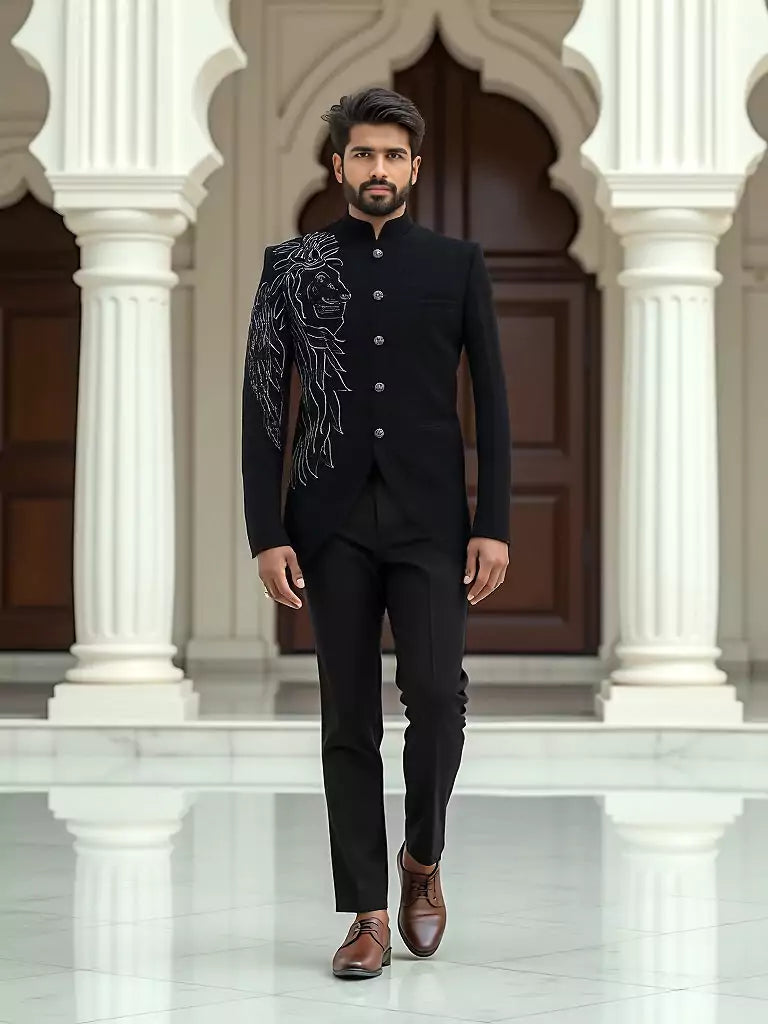 Massive Black Polynosic Pearls work Bandhgala Suit