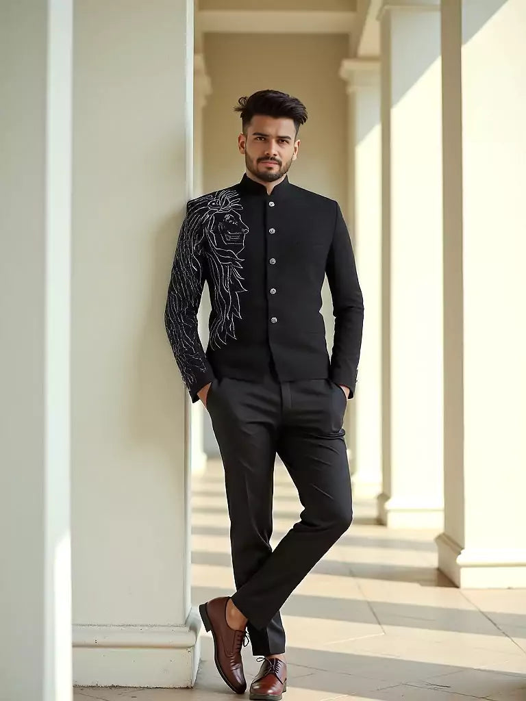 Massive Black Polynosic Pearls work Bandhgala Suit