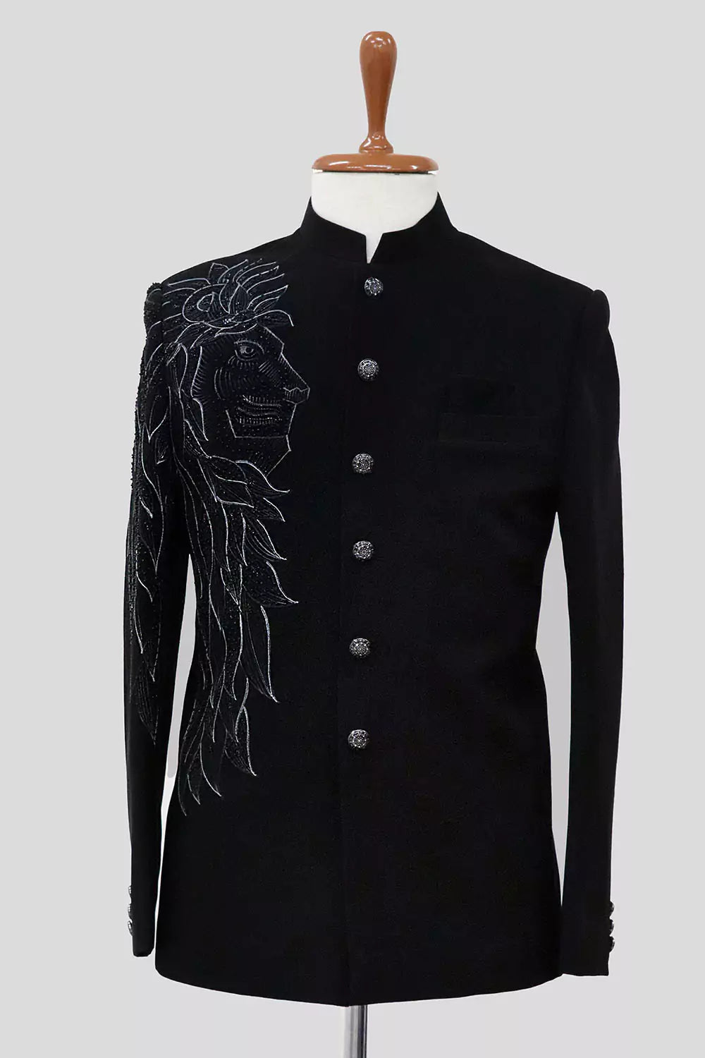 Massive Black Polynosic Pearls work Bandhgala Suit