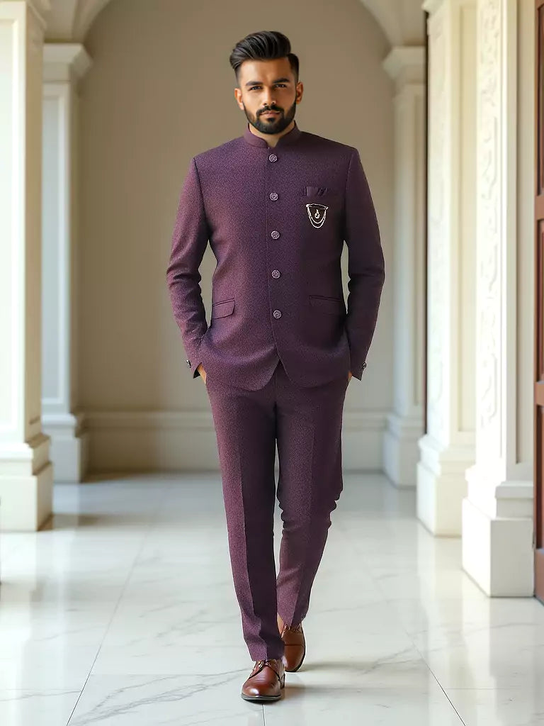 Maroon Coloured Self Weaved Jacquard Bandhgala Suit
