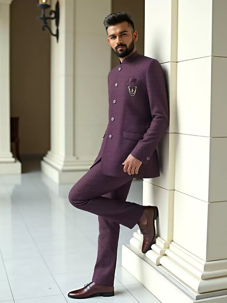 Maroon Coloured Self Weaved Jacquard Bandhgala Suit