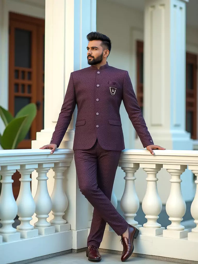 Maroon Coloured Self Weaved Jacquard Bandhgala Suit