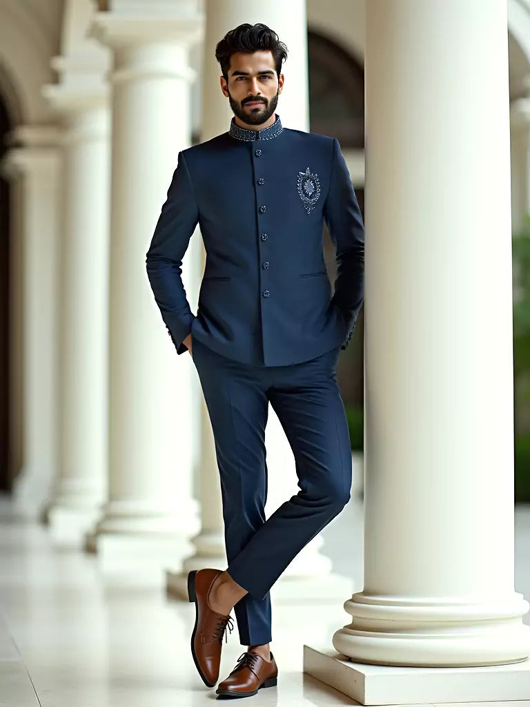 Cutdana work Velvet Blue Stylish Designer Bandhgala Set