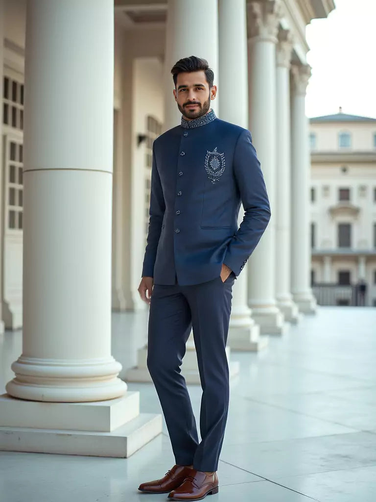 Cutdana work Velvet Blue Stylish Designer Bandhgala Set