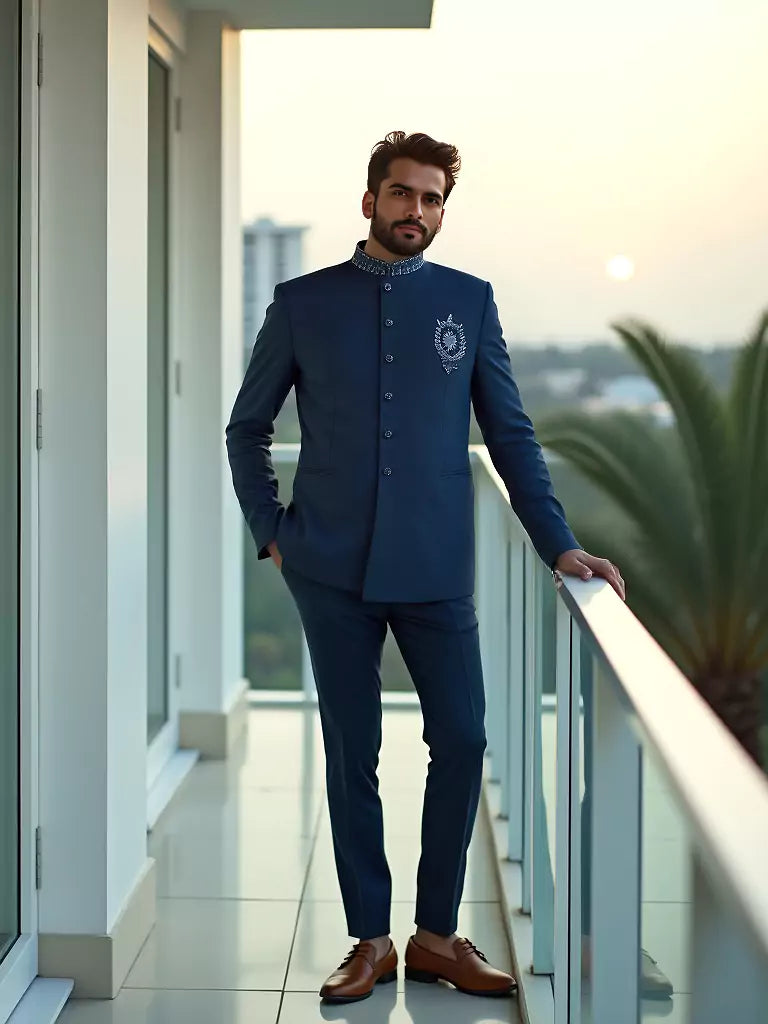 Cutdana work Velvet Blue Stylish Designer Bandhgala Set