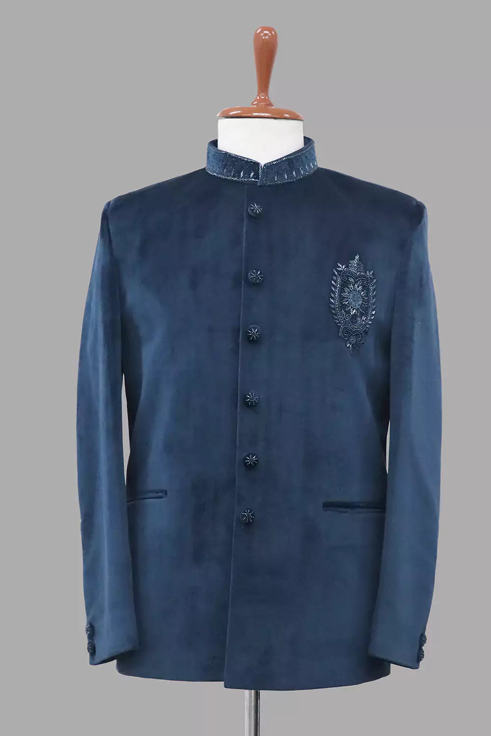 Cutdana work Velvet Blue Stylish Designer Bandhgala Set