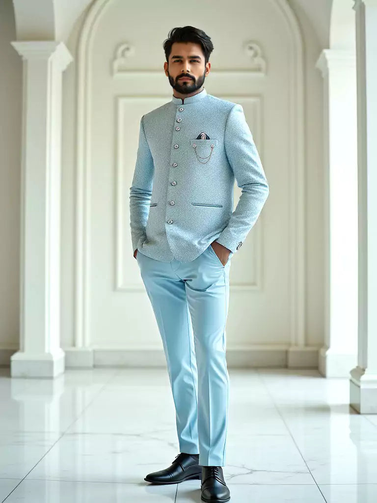 Sky Self Highlighted Jacquard Weaving Bandhgala Suit