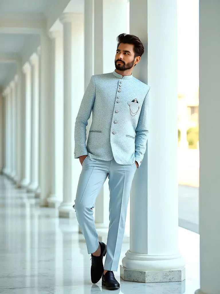 Sky Self Highlighted Jacquard Weaving Bandhgala Suit