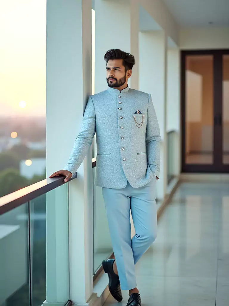 Sky Self Highlighted Jacquard Weaving Bandhgala Suit