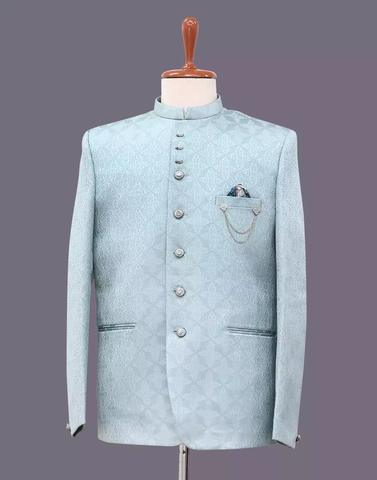 Sky Self Highlighted Jacquard Weaving Bandhgala Suit