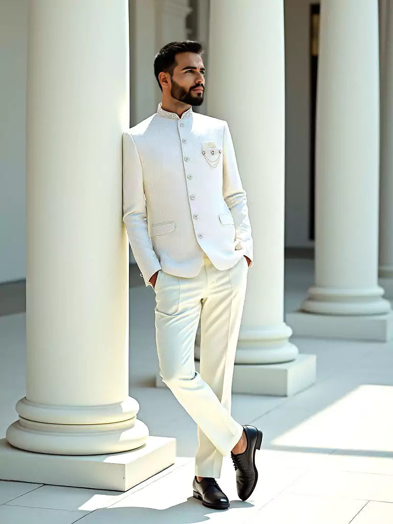 Cream Self Weaving Patterned Jacquard Bandhgala Suit